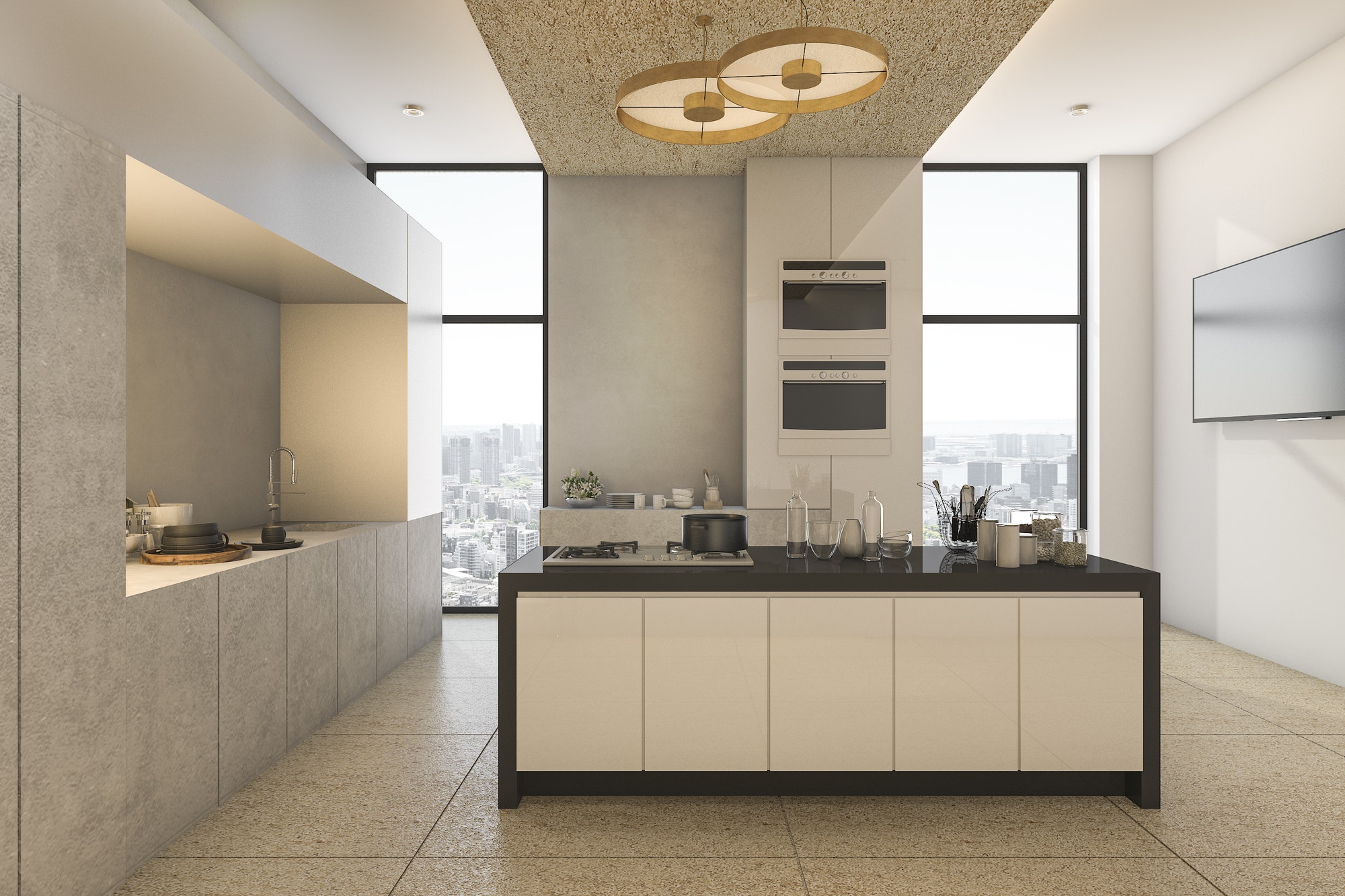 3d rendering nice city view from kitchen and dining on condominium
